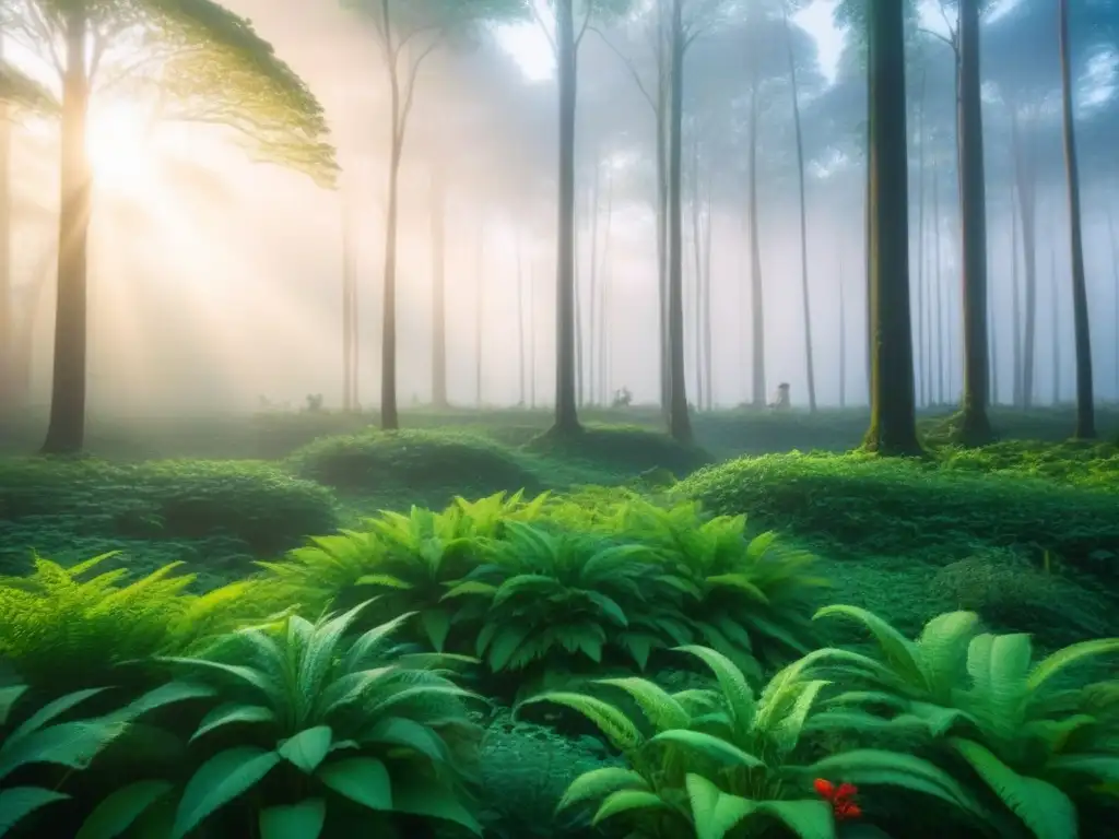 Un bosque exuberante lleno de vida silvestre, con animales, aves y plantas coexistiendo en armonía bajo la cálida luz del atardecer