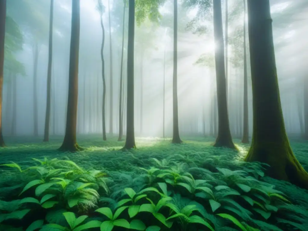 Un bosque exuberante con luz filtrándose entre el dosel, creando patrones en el suelo