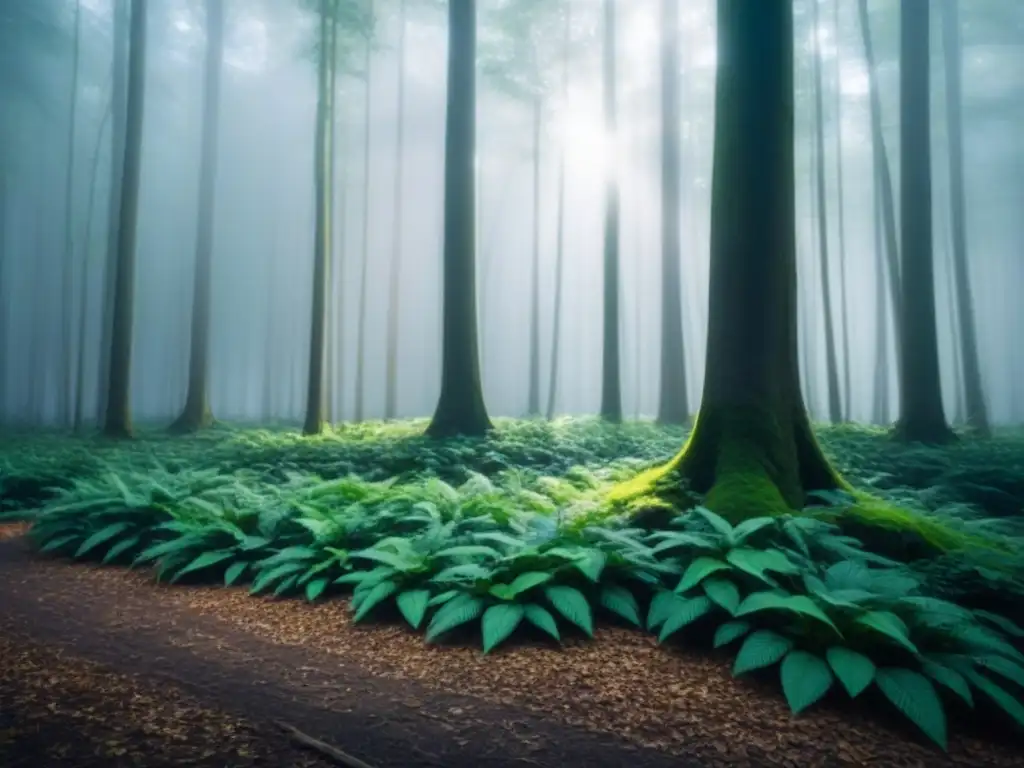 Un bosque exuberante con luz filtrada entre las hojas, proyectando sombras