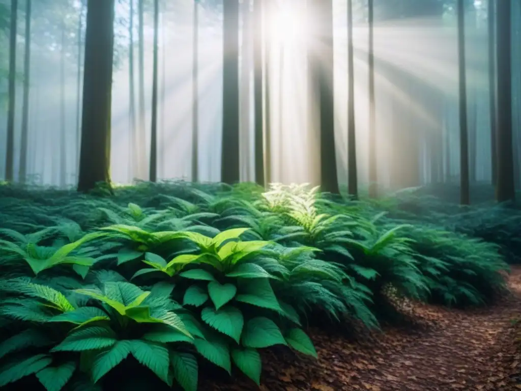 Un bosque exuberante con luz filtrándose entre las hojas