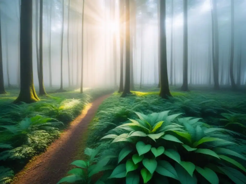 Un bosque exuberante con luz filtrándose entre las hojas, creando sombras suaves en el suelo