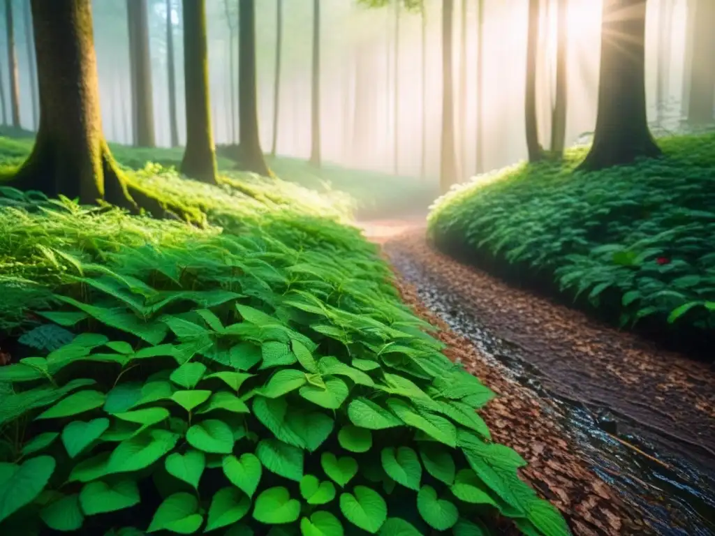 Un bosque exuberante con luz solar filtrándose entre las hojas, reflejando la naturaleza y creando una atmósfera serena