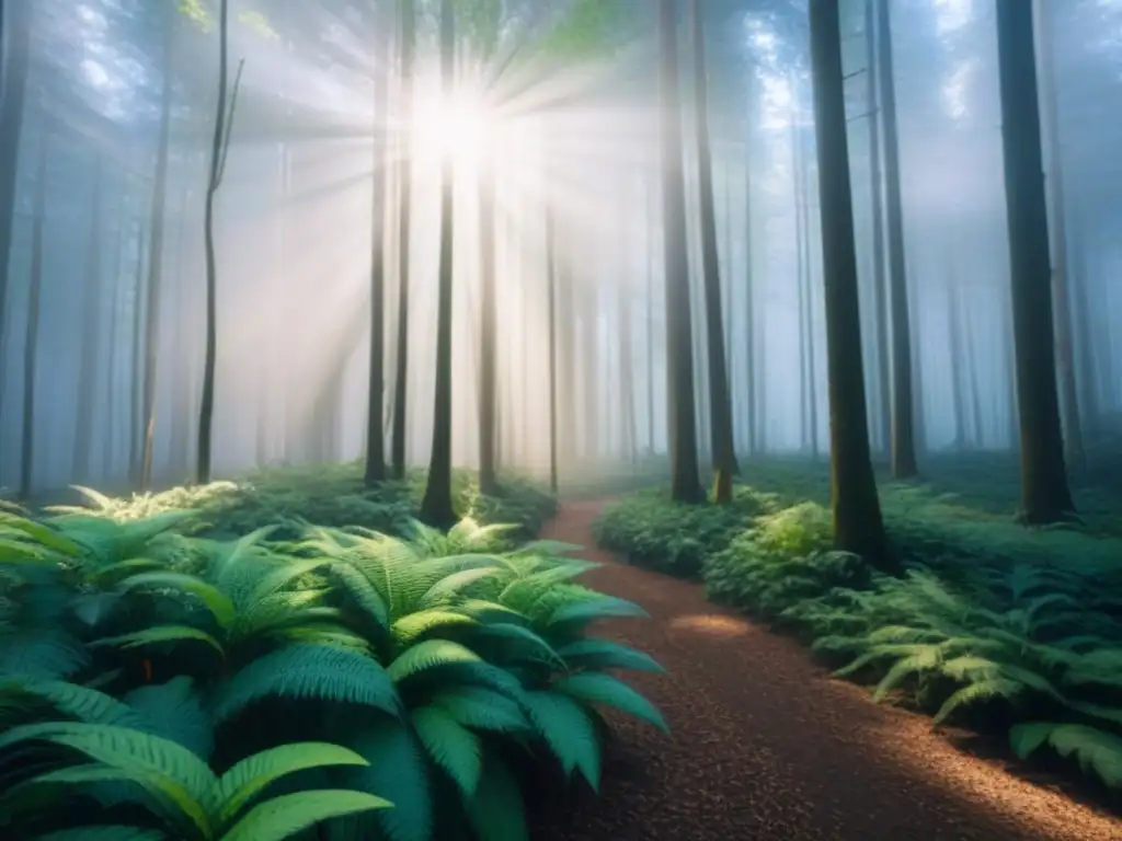 Un bosque exuberante con luz solar filtrándose entre el dosel, creando sombras moteadas en el suelo del bosque