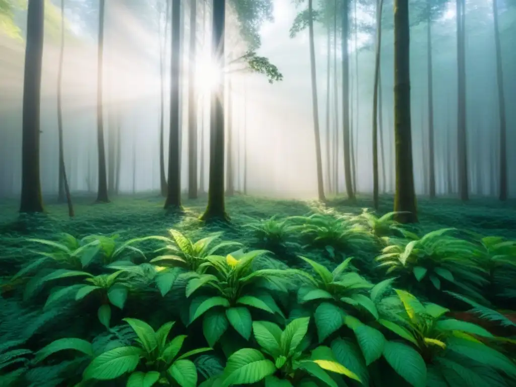 Un bosque exuberante con luz solar filtrándose entre el dosel, creando sombras moteadas en el suelo