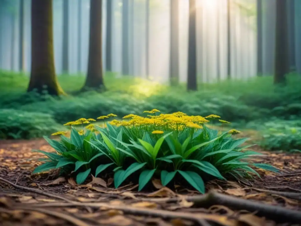 Un bosque exuberante con luz solar filtrándose entre el dosel, mostrando sombras moteadas en el suelo