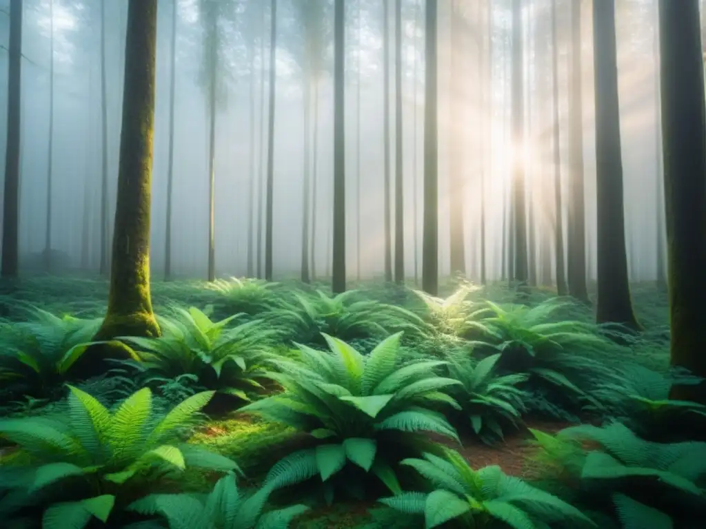 Un bosque exuberante con luz solar filtrándose a través del dosel, creando un ambiente de paz y armonía