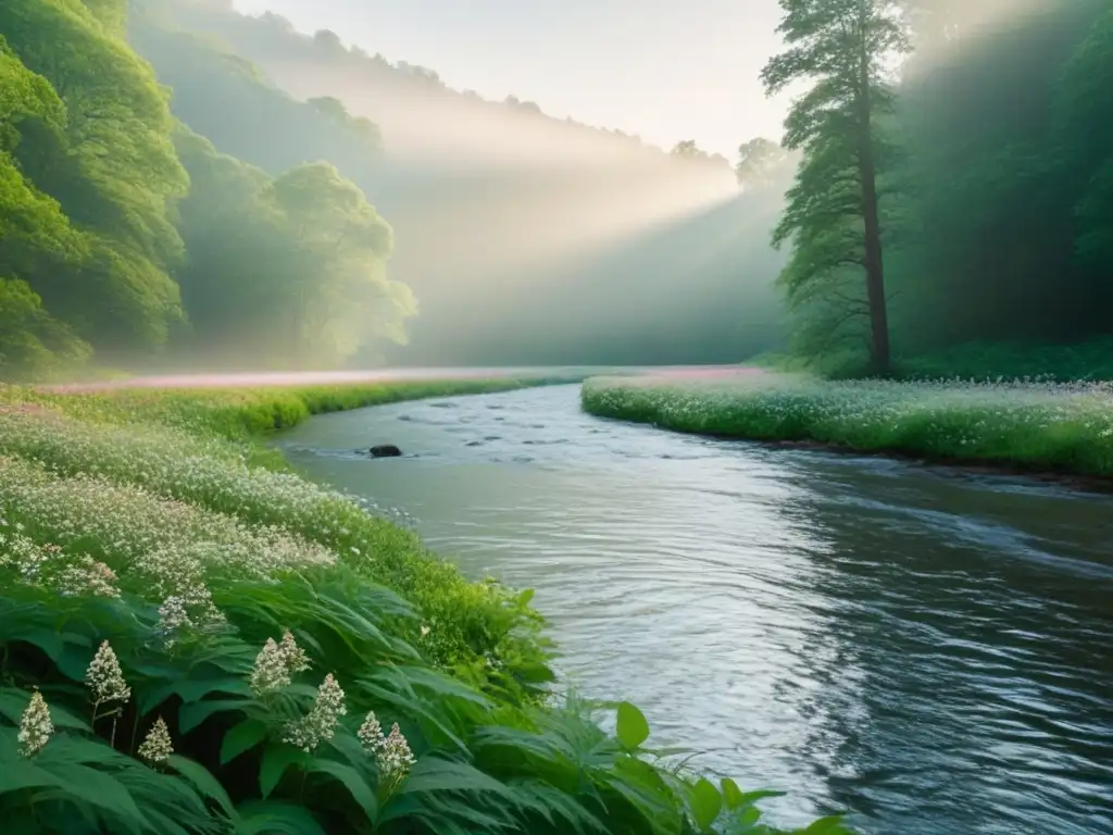 Un bosque exuberante con un río sereno, rayo de sol ilumina flores silvestres