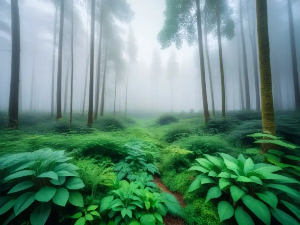 Un bosque exuberante con una variedad de árboles, plantas y vida silvestre