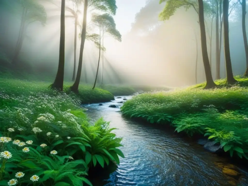 Un bosque exuberante y vibrante, con rayos de sol filtrándose entre la densa vegetación y un arroyo serpenteando en la penumbra