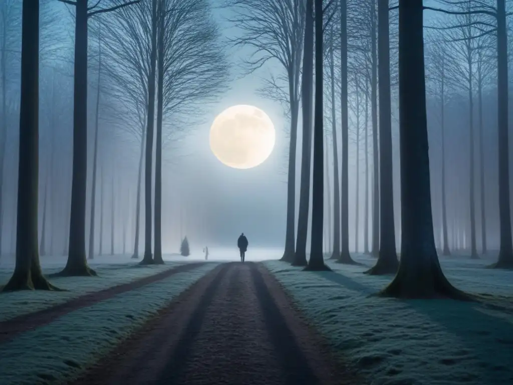 Un bosque iluminado por la luna con árboles altos y sombras largas, capturando la poesía nocturna y susurros crepúsculo