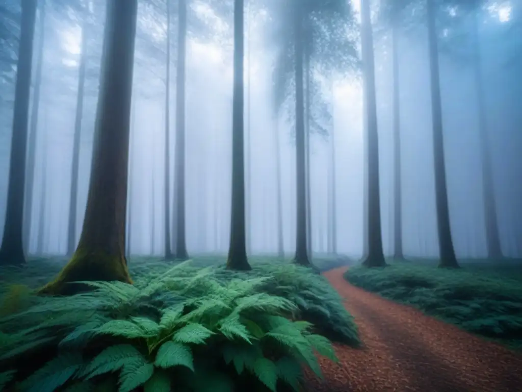 Un bosque inmenso e inexplorado con árboles altos tocando el cielo, ramas entrelazadas formando un dosel