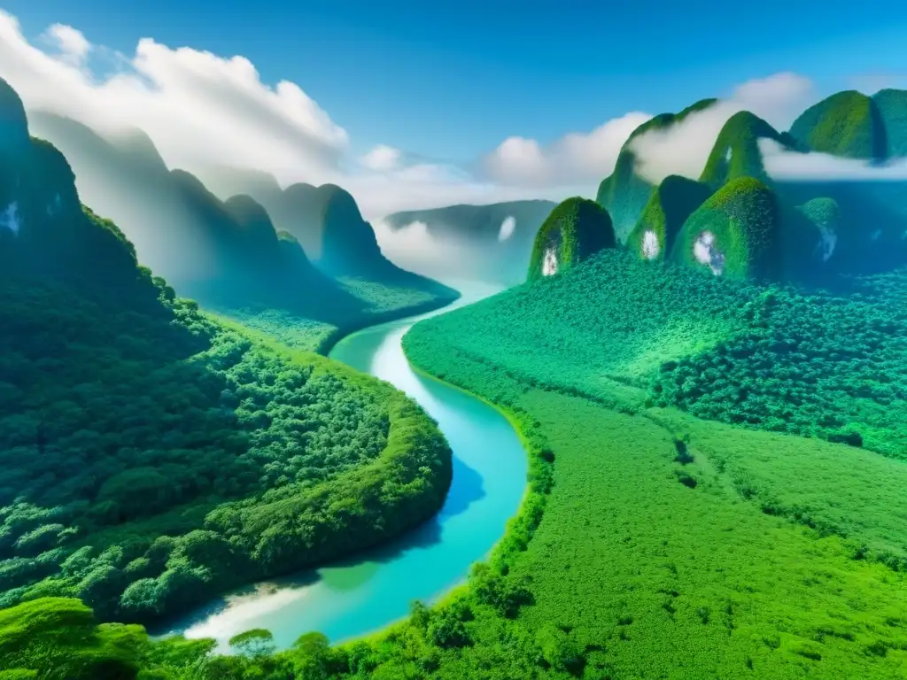 Un bosque lluvioso exuberante con un río serpenteante bajo un cielo azul, destaca la poesía indígena y conservación ambiental