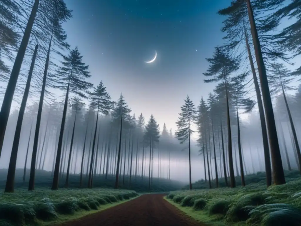 Un bosque majestuoso bajo la luz de la luna