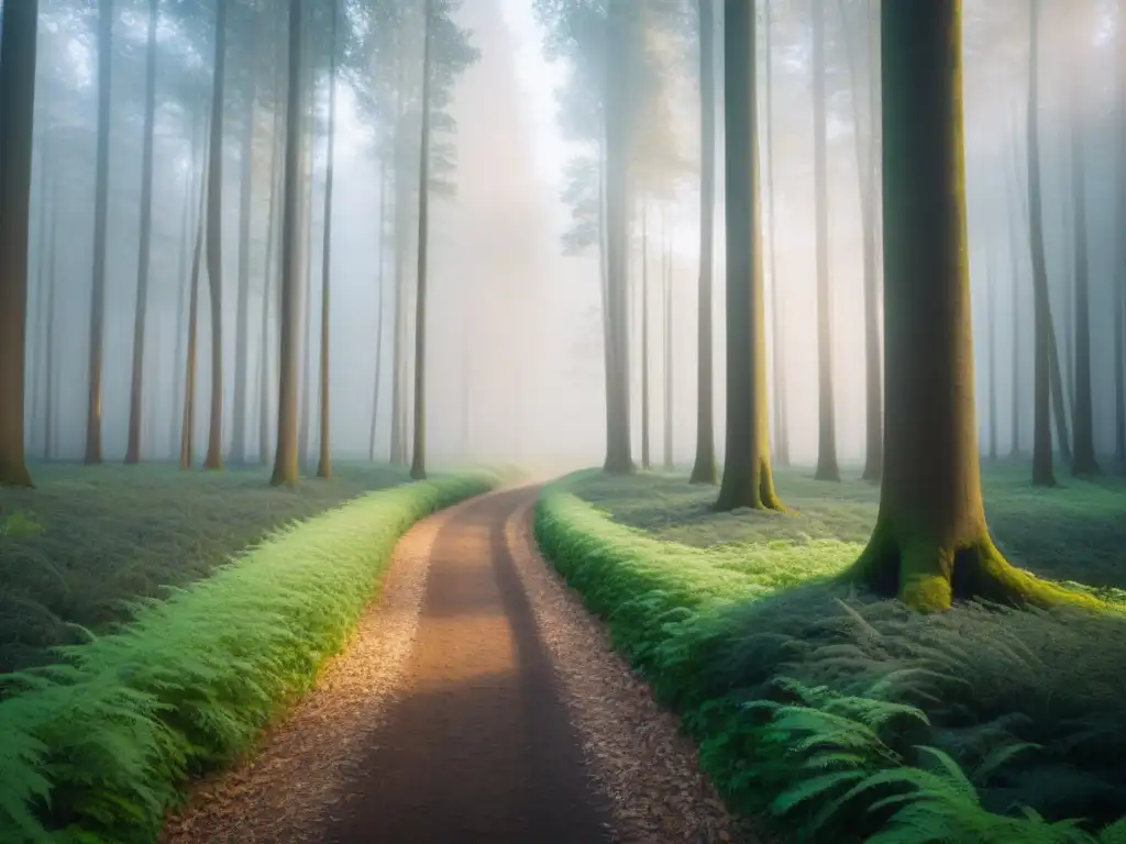 Un bosque sereno con árboles altos, luz suave filtrándose entre las hojas y un arroyo