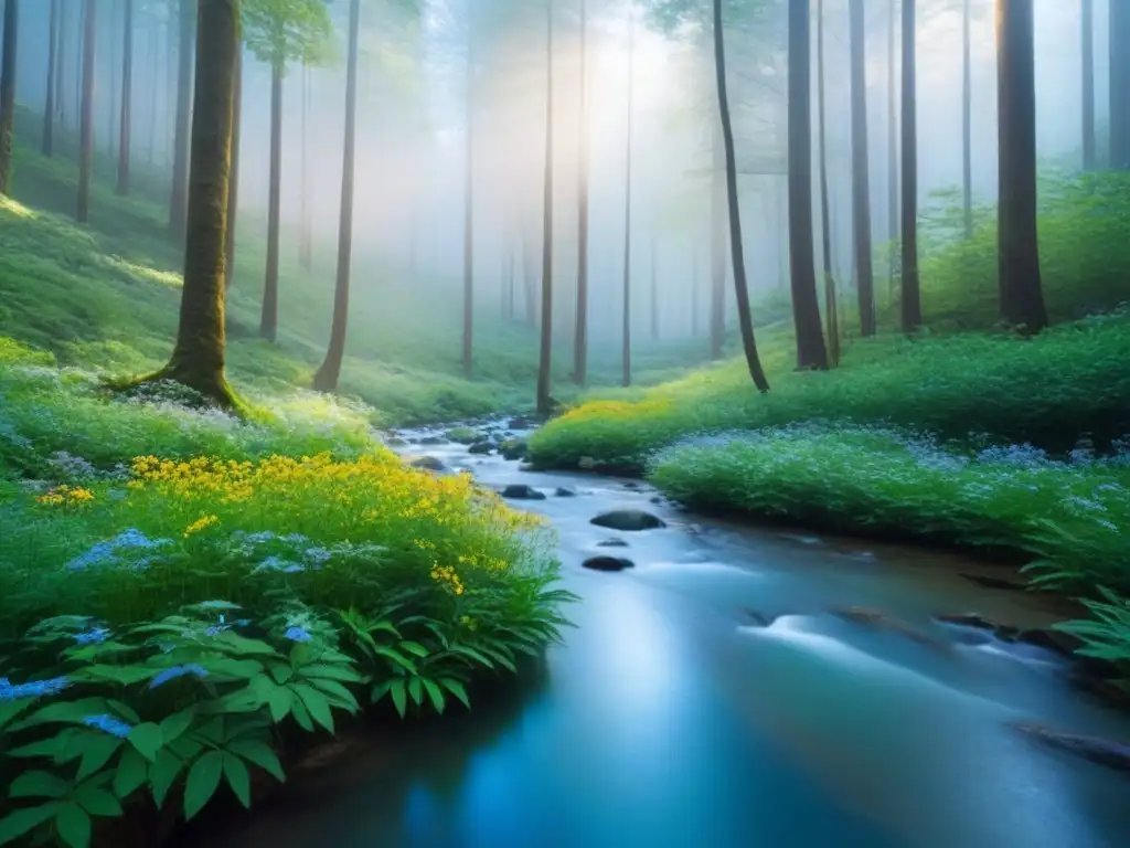 Un bosque sereno con árboles verdes variados, flores silvestres y un arroyo, inspirando poesía sobre biodiversidad y naturaleza