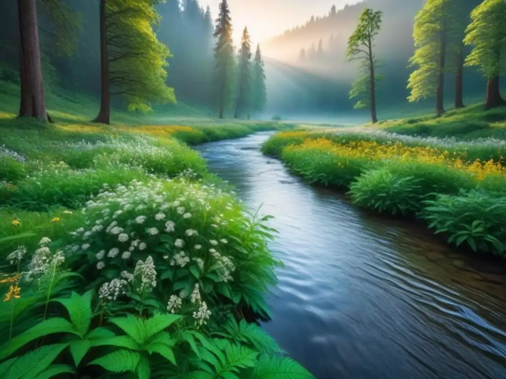 Bosque sereno con árboles verdes exuberantes, flores silvestres y arroyo