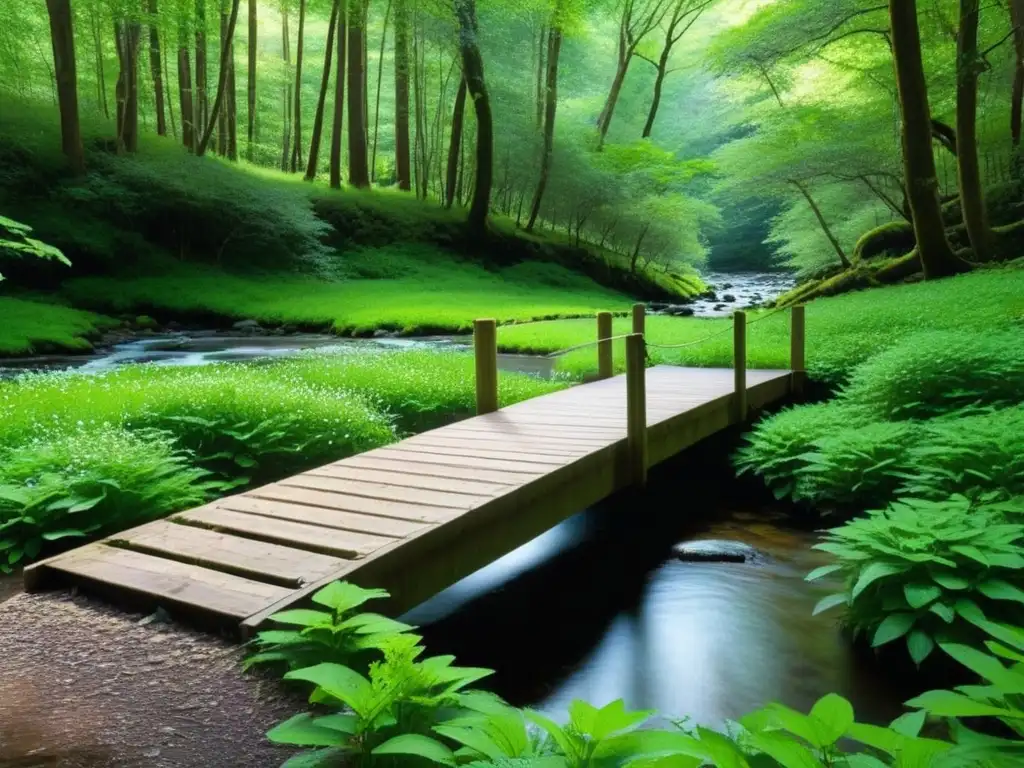 Un bosque sereno con hojas verdes, flores silvestres y un arroyo