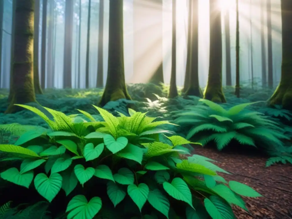 Un bosque sereno e intocado con luz solar filtrándose entre las copas, creando sombras moteadas en el exuberante follaje