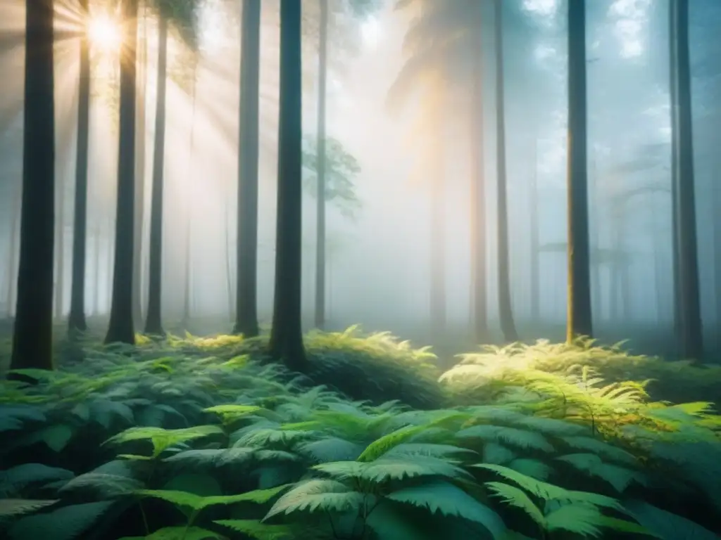 Bosque sereno al amanecer con niebla, hojas rocío y luz dorada filtrándose entre ramas