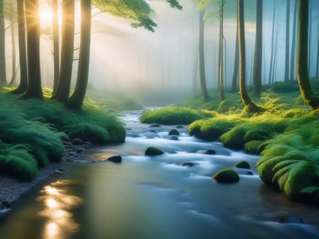 Un bosque sereno al amanecer con la luz dorada filtrándose entre el dosel, creando una atmósfera tranquila