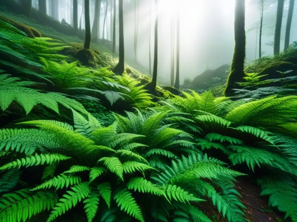 Bosque sereno con luz filtrada entre los árboles, proyectando sombras en helechos verdes y rocas cubiertas de musgo