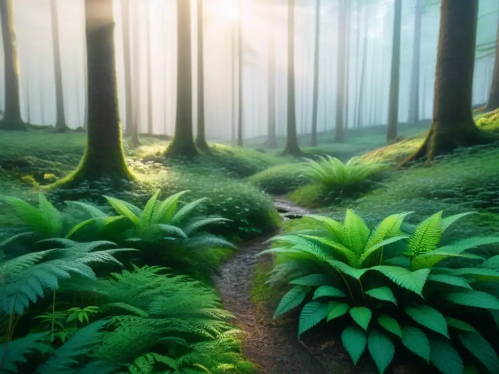 Un bosque sereno al amanecer, con luz filtrándose entre las hojas, creando patrones de luz y sombra en el suelo del bosque