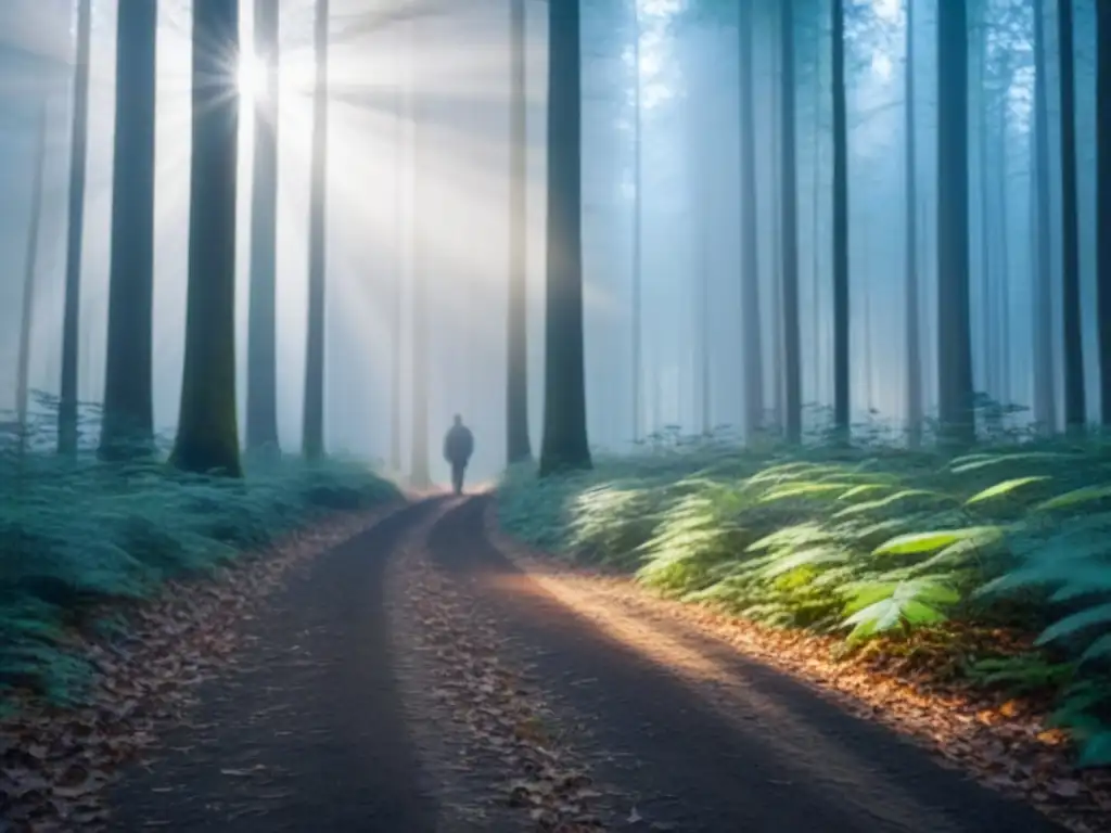 Un bosque sereno al amanecer, con la luz del sol filtrándose entre los árboles