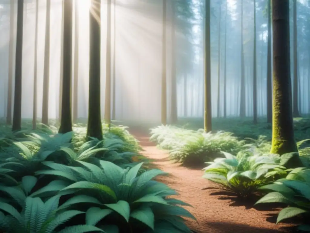 Un bosque sereno con luz solar entre los árboles, transmitiendo tranquilidad