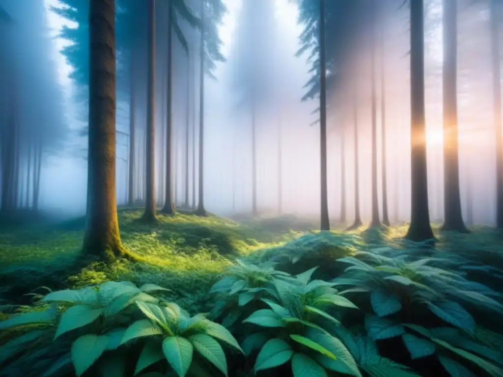 Un bosque sereno y virgen al amanecer, con luz suave filtrándose entre el dosel, creando sombras delicadas en la exuberante vegetación