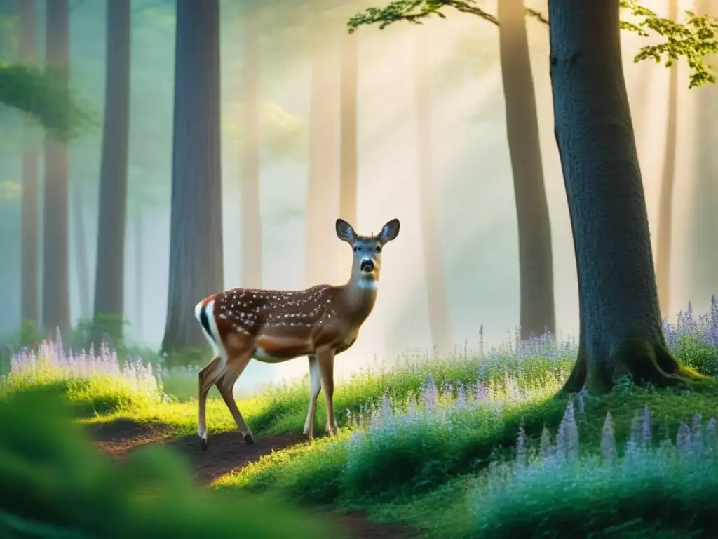 Un bosque sereno al amanecer, con neblina ascendiendo suavemente entre la exuberante vegetación