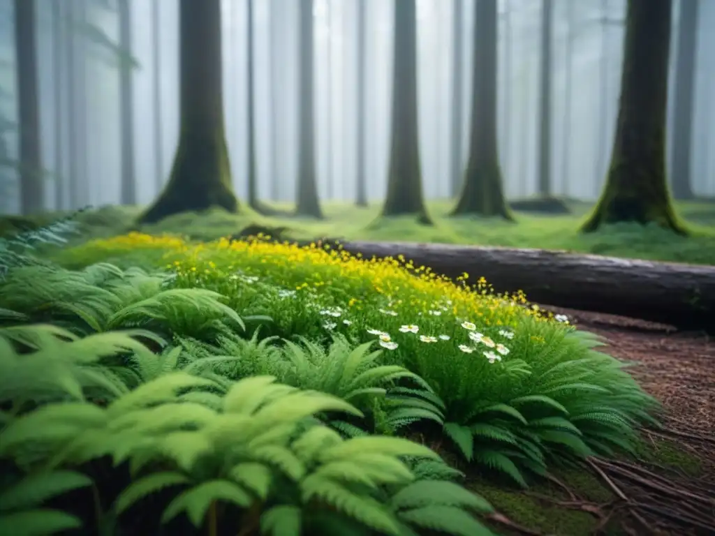 Bosque sereno con rayos de sol entre el dosel, resaltando musgo y flores silvestres