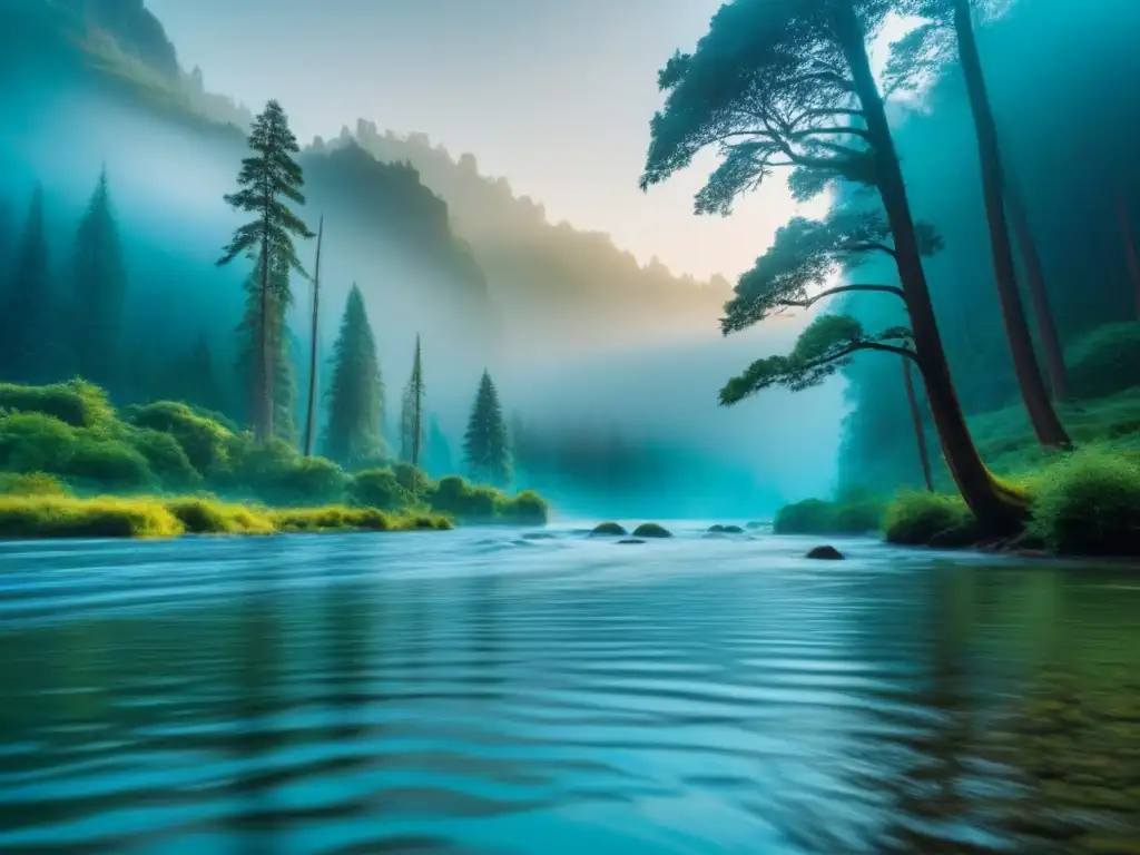 Un bosque tranquilo con árboles altos, un río sereno y vida silvestre escondida en la vegetación