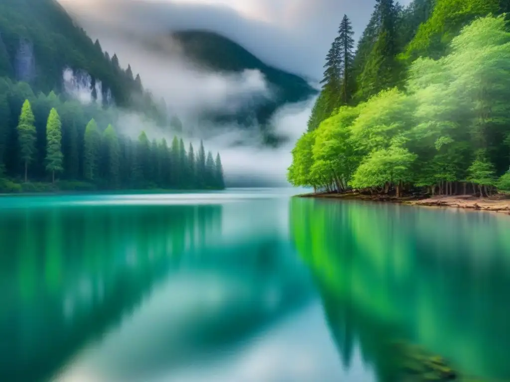 Un bosque tranquilo con árboles verdes reflejados en un lago cristalino, poesía ecocrítica transformadora palabras