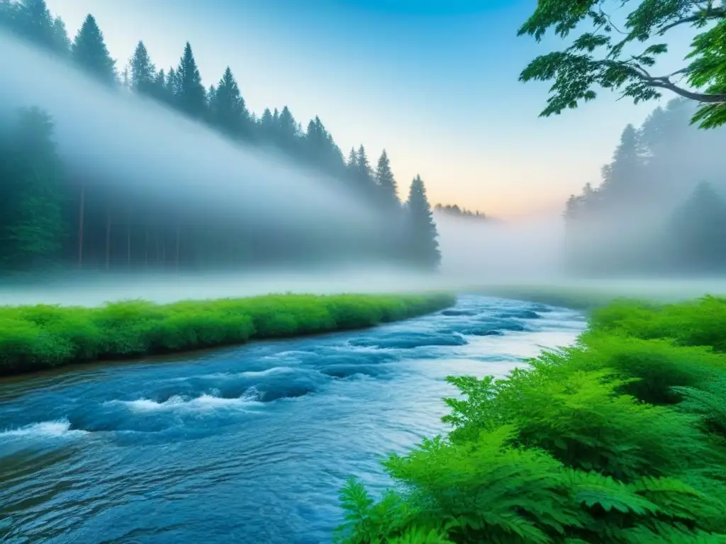 Un bosque tranquilo con árboles verdes, un arroyo y cielo azul