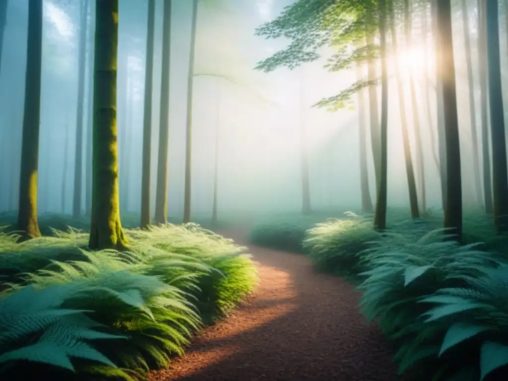 Un bosque tranquilo al atardecer con luz suave entre los árboles, creando sombras largas en la exuberante vegetación