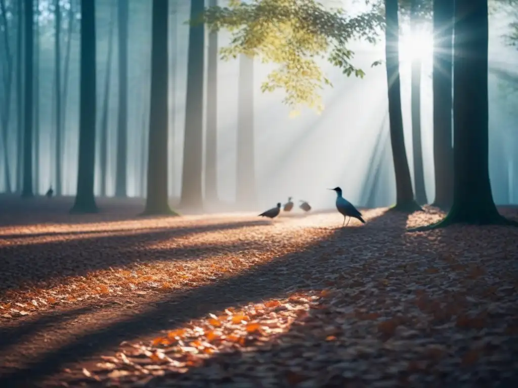 Un bosque tranquilo con luz solar filtrándose entre las hojas, creando sombras