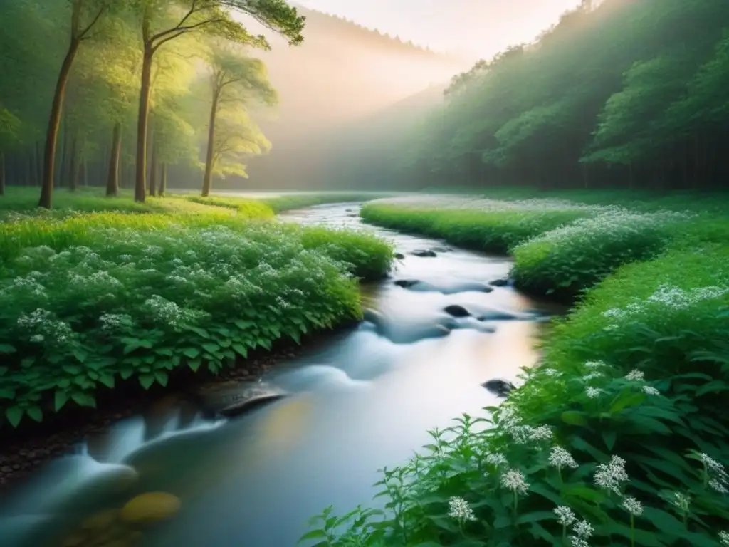 Un bosque tranquilo al amanecer, con luz suave entre las hojas verdes