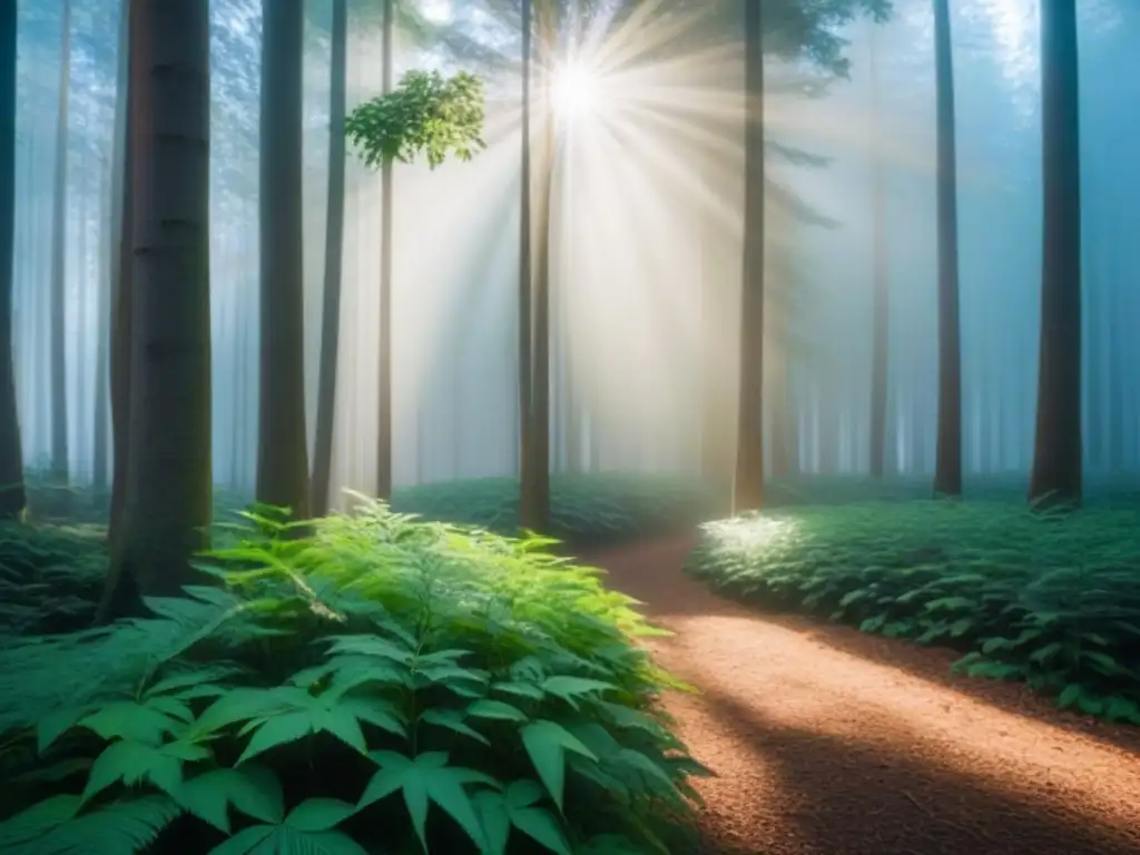 Un bosque tranquilo y sereno con luz filtrando entre las hojas, proyectando sombras en el suelo