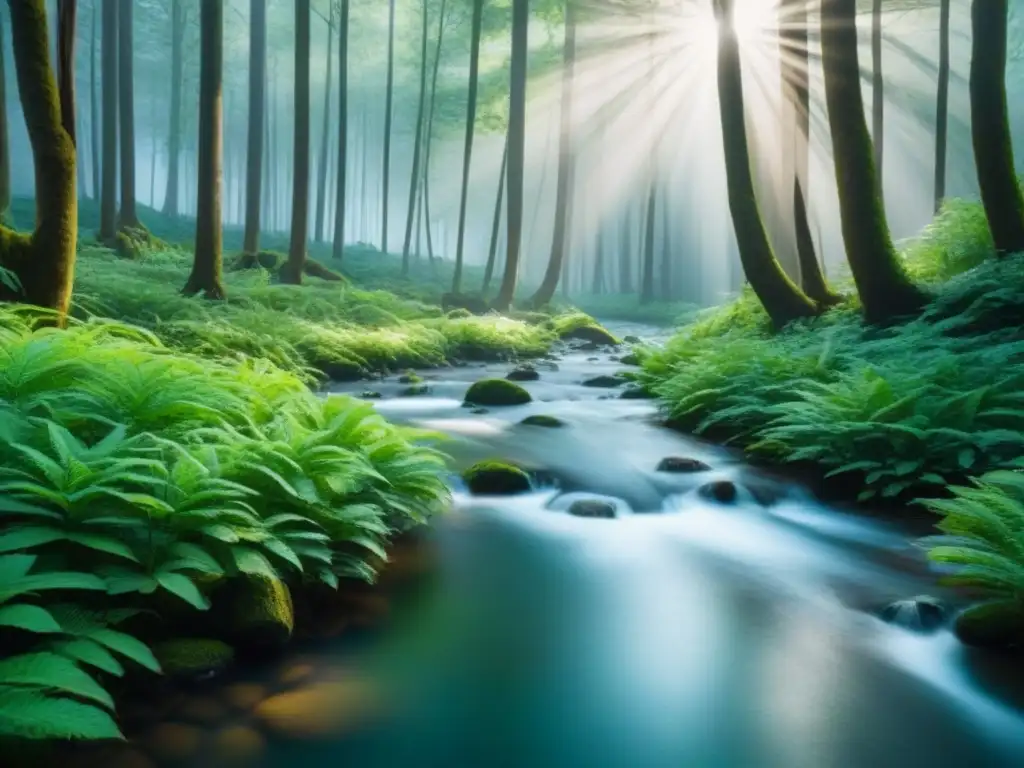 Un bosque verde exuberante con un arroyo cristalino, luz filtrándose entre los árboles