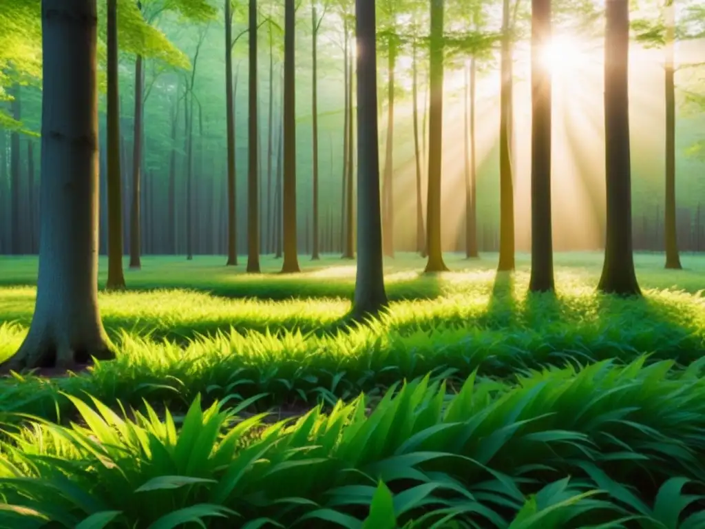 Un bosque verde exuberante bañado por la luz dorada del atardecer, mostrando el poder transformador de la poesía