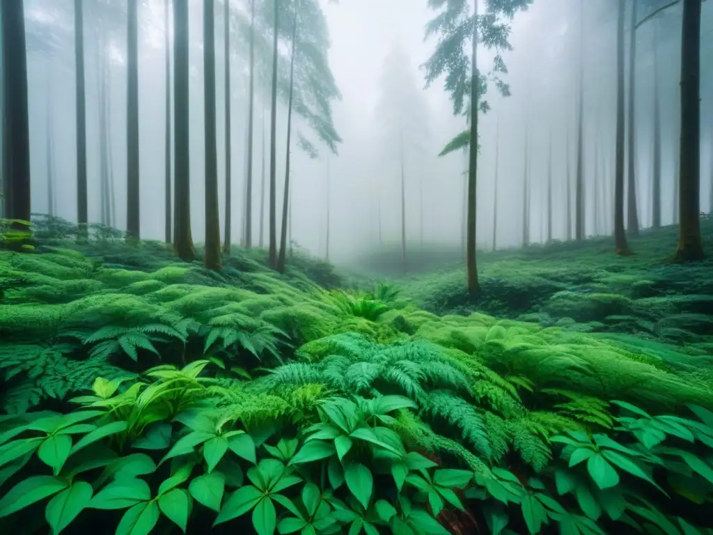 Un bosque verde exuberante con detalles de plantas, creando un ecosistema armonioso