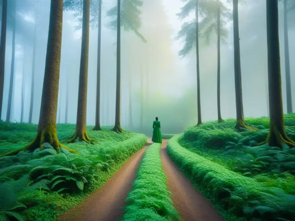 Un bosque verde exuberante entrelazado con versos poéticos en caligrafía elegante, simbolizando la armonía entre naturaleza y poesía en la literatura ecocrítica