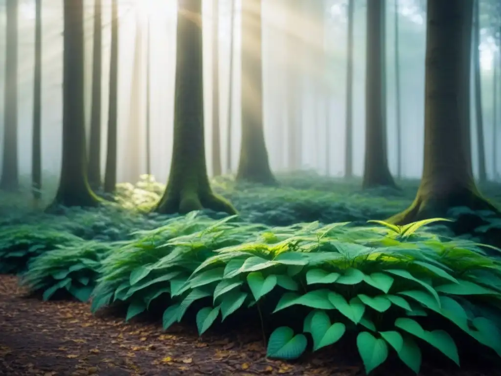 Un bosque verde exuberante iluminado por el sol, con sombras en el suelo