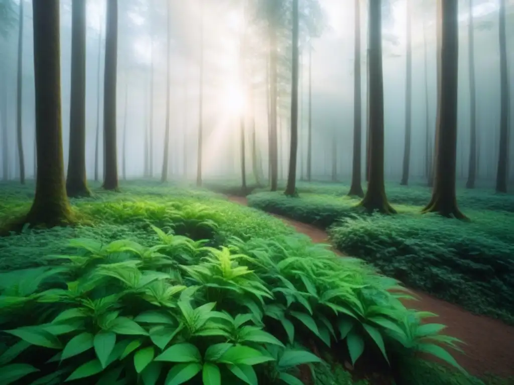 Un bosque verde exuberante iluminado por el sol, transmitiendo armonía y serenidad