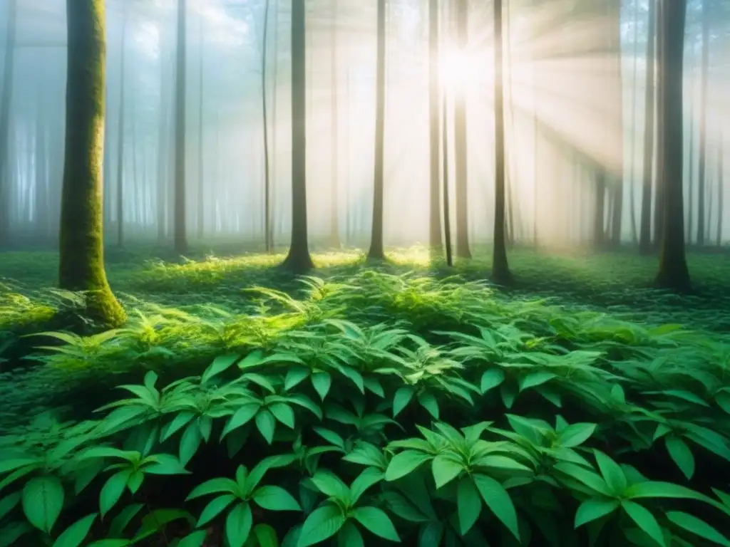 Un bosque verde exuberante iluminado por el sol, reflejando sombras en el suelo