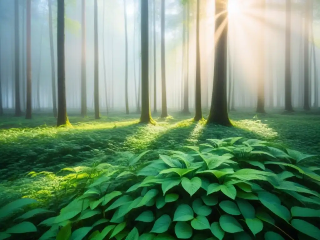 Un bosque verde exuberante iluminado por el sol, creando sombras en el suelo