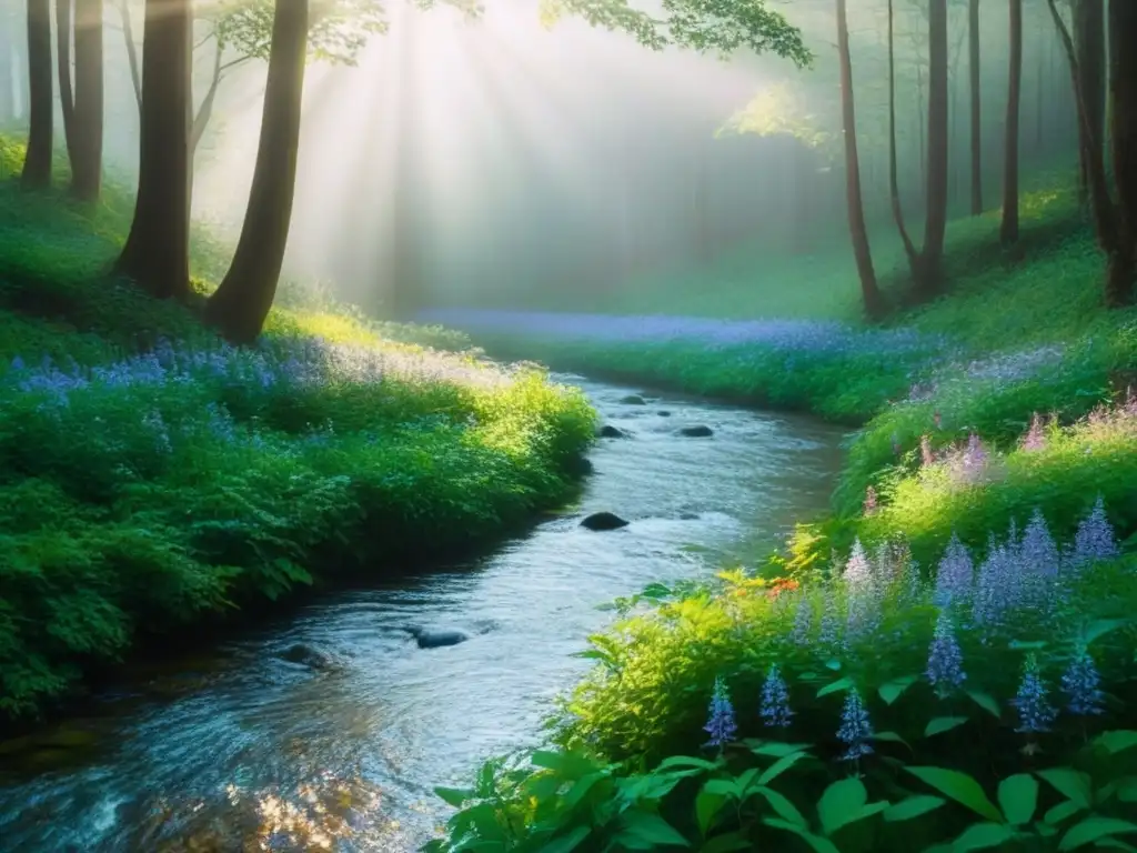 Un bosque verde exuberante con luz filtrándose entre las hojas, formando sombras moteadas en el suelo