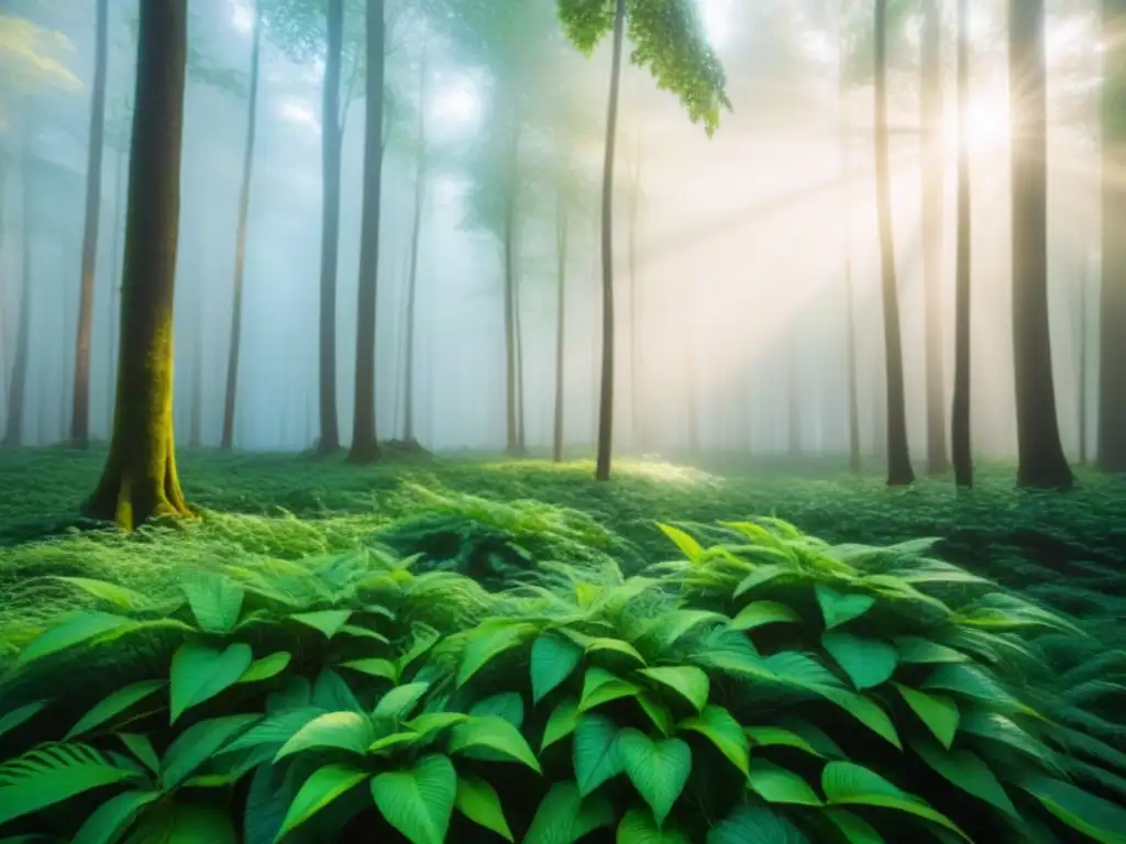 Un bosque verde exuberante con luz solar filtrándose entre las hojas, creando un efecto moteado en el suelo