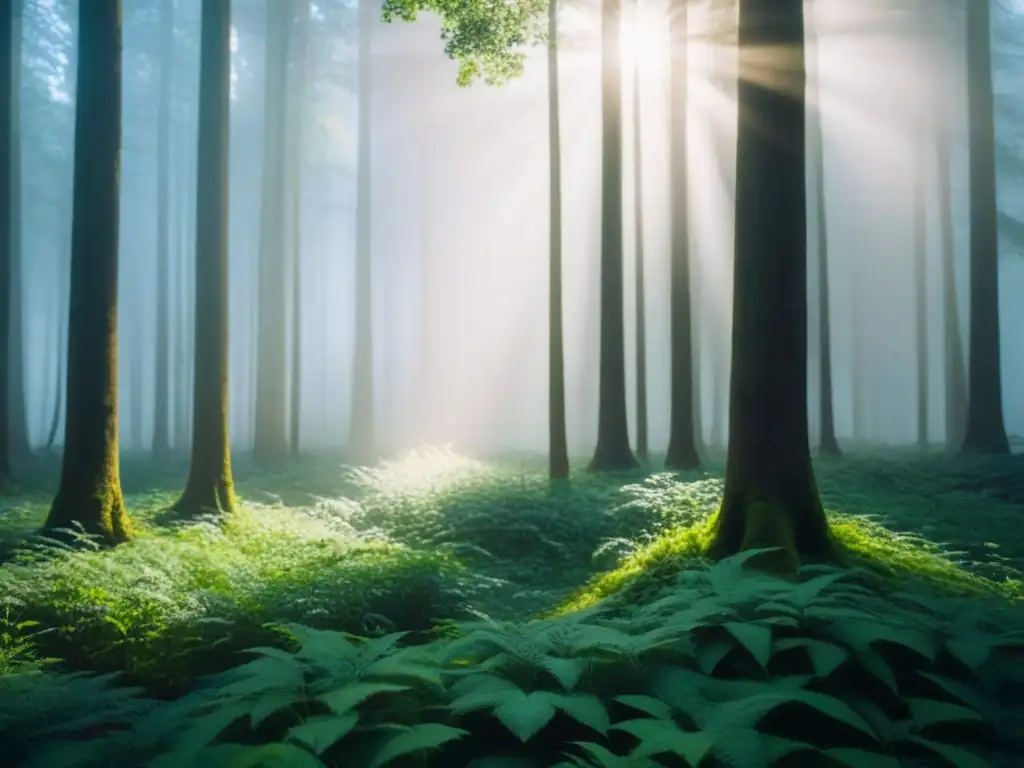 Un bosque verde exuberante con la luz del sol filtrándose entre las hojas, transmitiendo tranquilidad