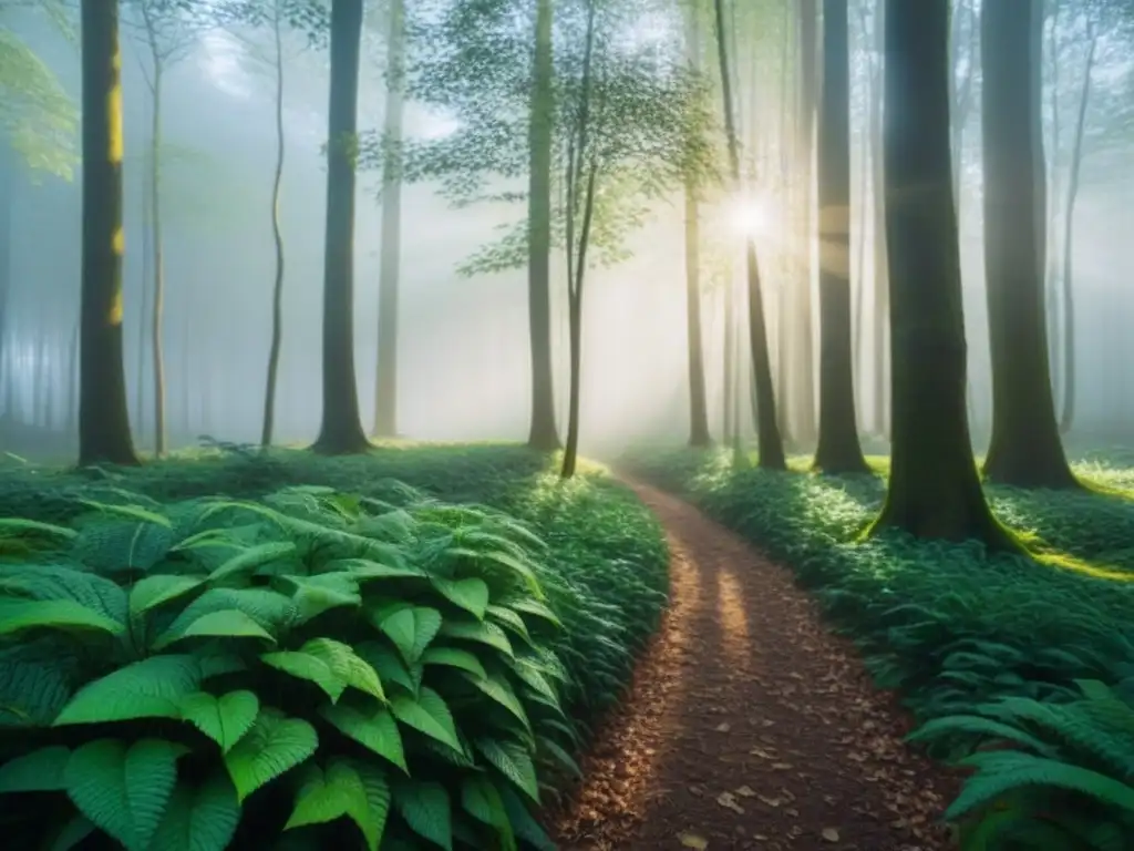 Un bosque verde exuberante bajo la luz del sol, creando un patrón de sombras en el suelo